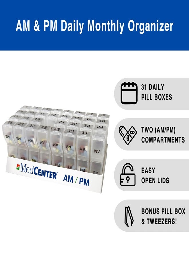 ميدسينتر منظم حبوب MedCenter AM/PM HSA/FSA - علبة حبوب شهرية لمدة 31 يومًا مع قسمين يوميين (صباحًا ومساءً)، أغطية سهلة الفتح، علبة حبوب إضافية وملقط - منظم أدوية للفيتامينات والوصفات الطبية - Image 5